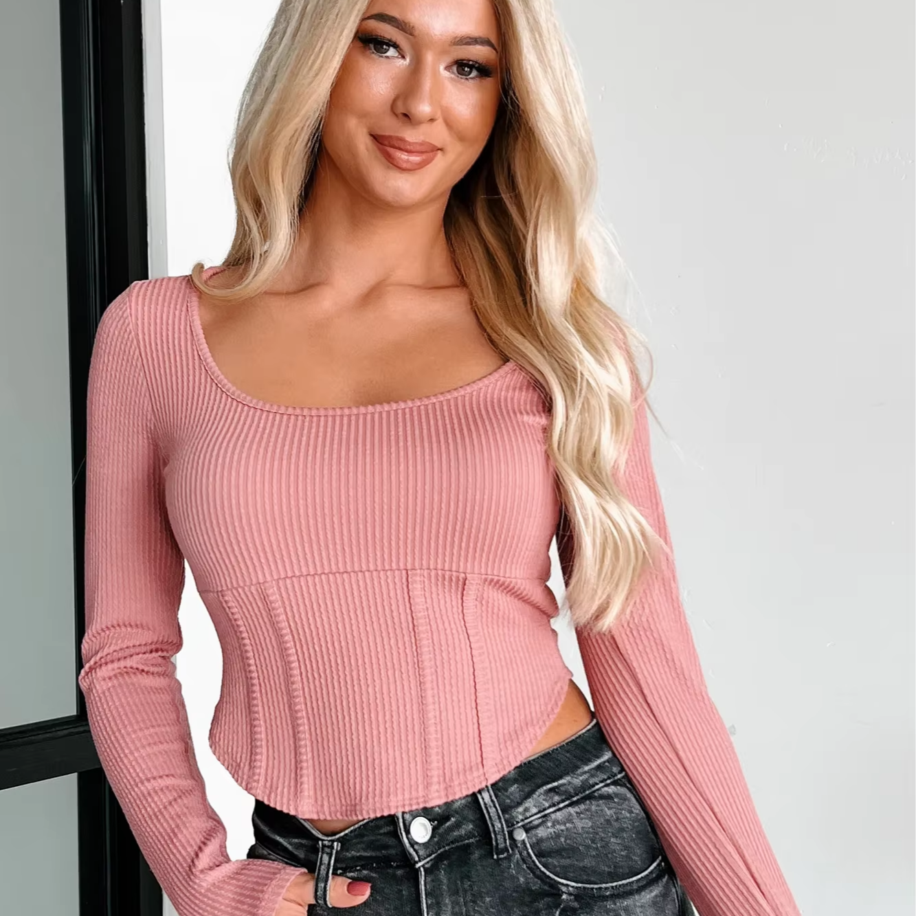Square Neck Long Sleeve Ribbed Knit T Shirt Women Autumn Winter Casual Crop Top Streetwear Basic Tops Tees
