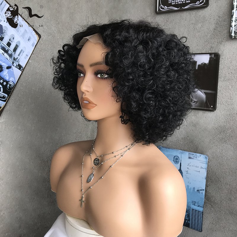 XISHIXIUHAIR Wholesale Price Short Afro Water Wave 4*4 T-art Lace Brazilian Mixed human hair blend lace Wigs For Black Women