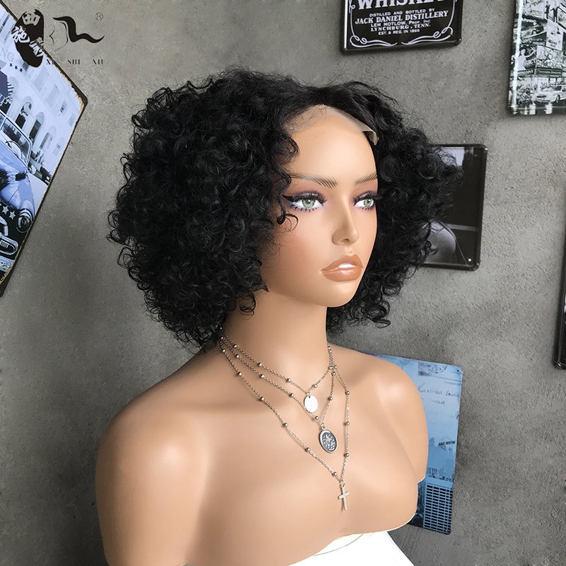 XISHIXIUHAIR Wholesale Price Short Afro Water Wave 4*4 T-art Lace Brazilian Mixed human hair blend lace Wigs For Black Women