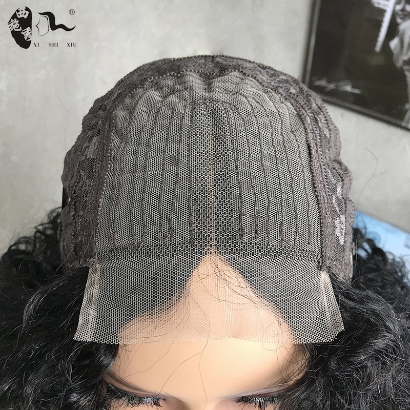 XISHIXIUHAIR Wholesale Price Short Afro Water Wave 4*4 T-art Lace Brazilian Mixed human hair blend lace Wigs For Black Women
