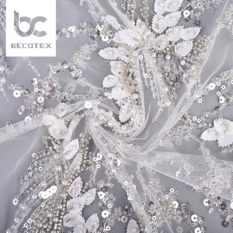 Wholesale price luxury beaded lace fabric white sequin embroidery lace wedding dress fabric