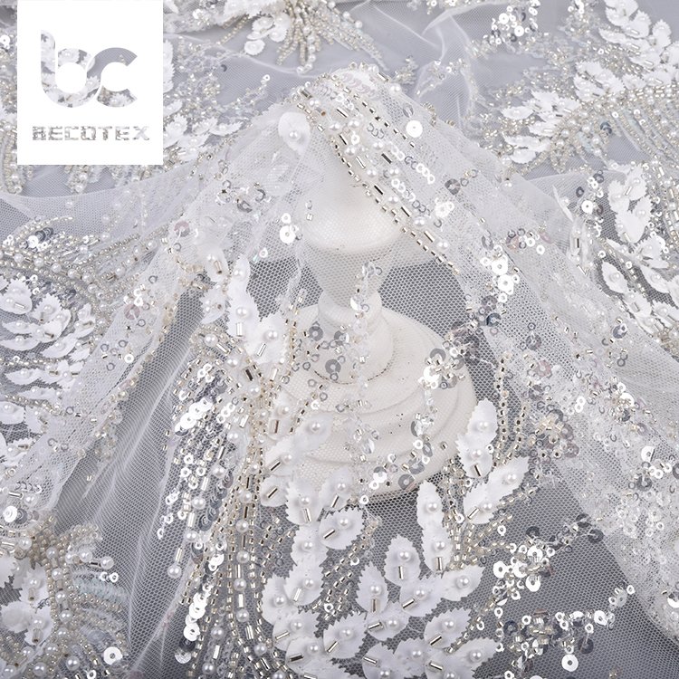 Wholesale price luxury beaded lace fabric white sequin embroidery lace wedding dress fabric