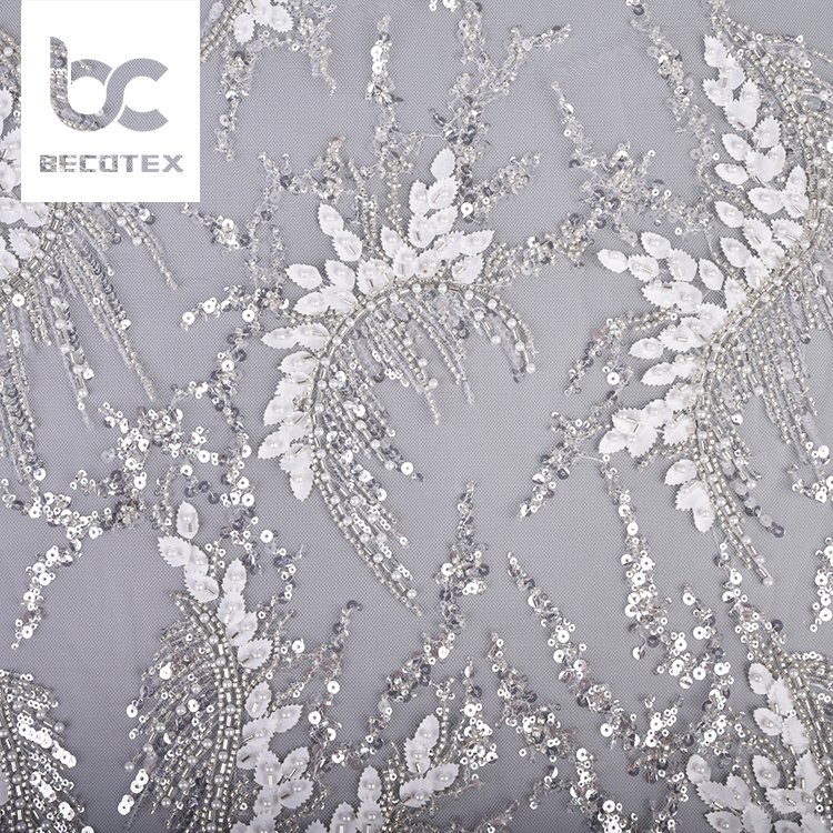 Wholesale price luxury beaded lace fabric white sequin embroidery lace wedding dress fabric