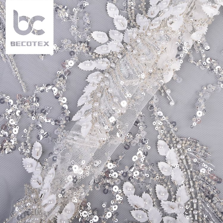 Wholesale price luxury beaded lace fabric white sequin embroidery lace wedding dress fabric