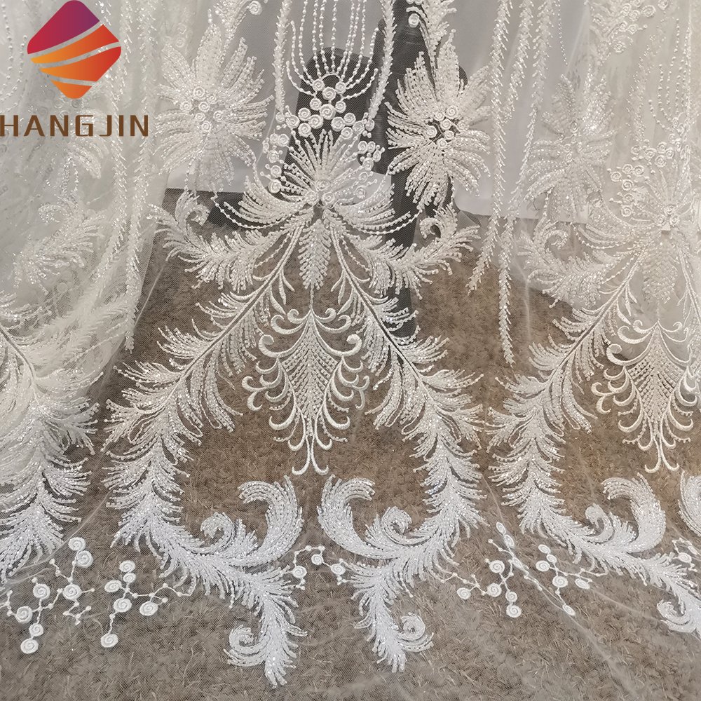 Luxury 3D Bridal Embroidered Lace Fabric White French Lace Fabric Tulle Heavy Beaded Laces For Wedding Dresses