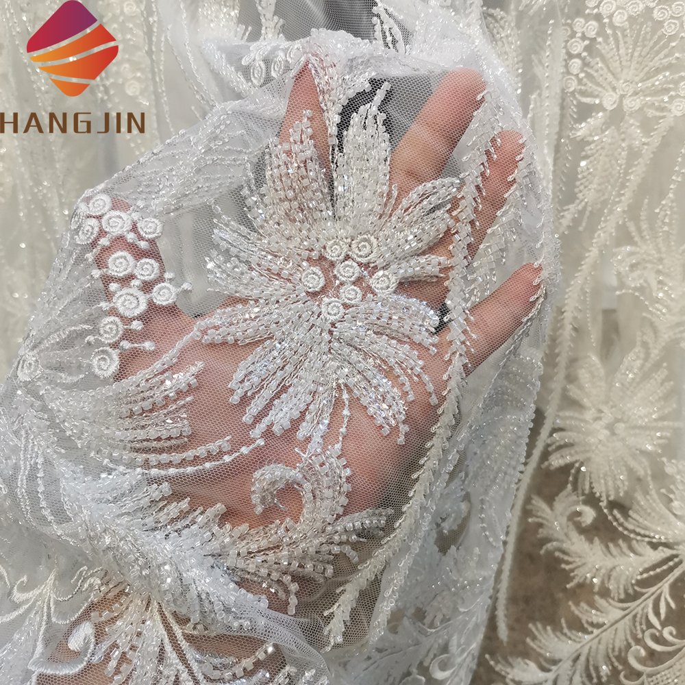 Luxury 3D Bridal Embroidered Lace Fabric White French Lace Fabric Tulle Heavy Beaded Laces For Wedding Dresses