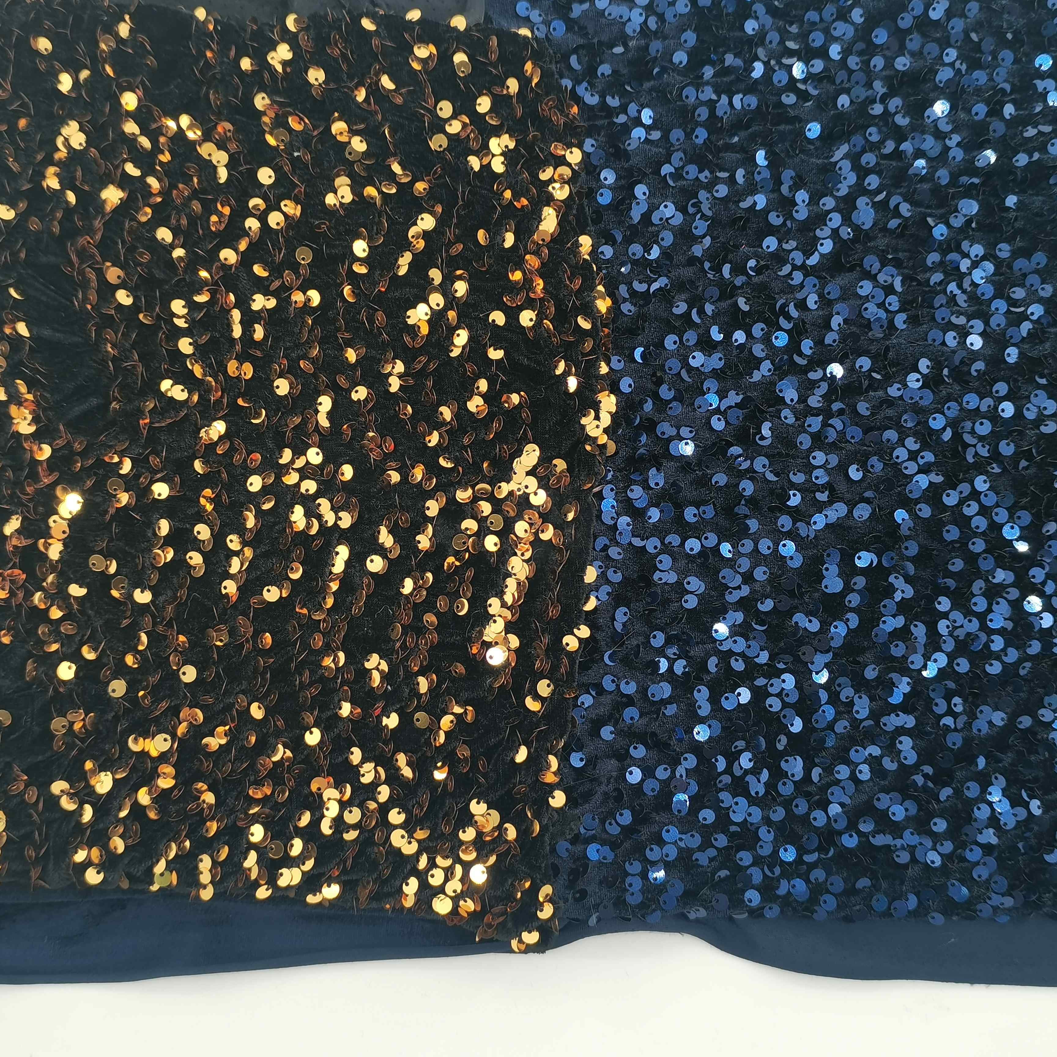 Hot sale navy color shing velvet stretch sequins embroidery fabric for wedding and evening fabric