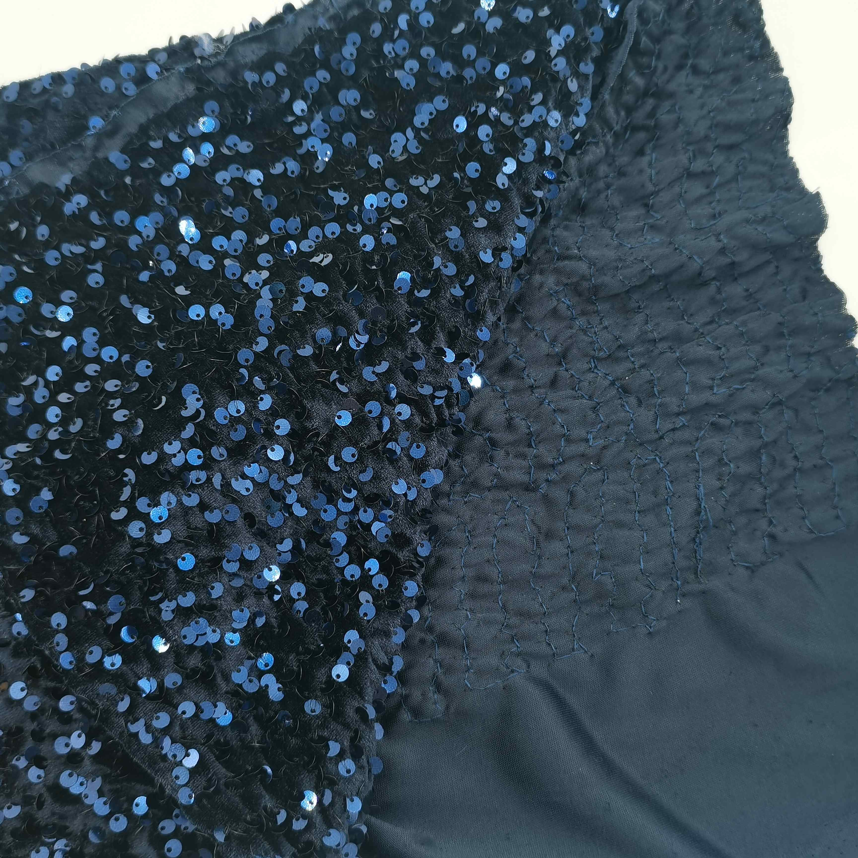Hot sale navy color shing velvet stretch sequins embroidery fabric for wedding and evening fabric