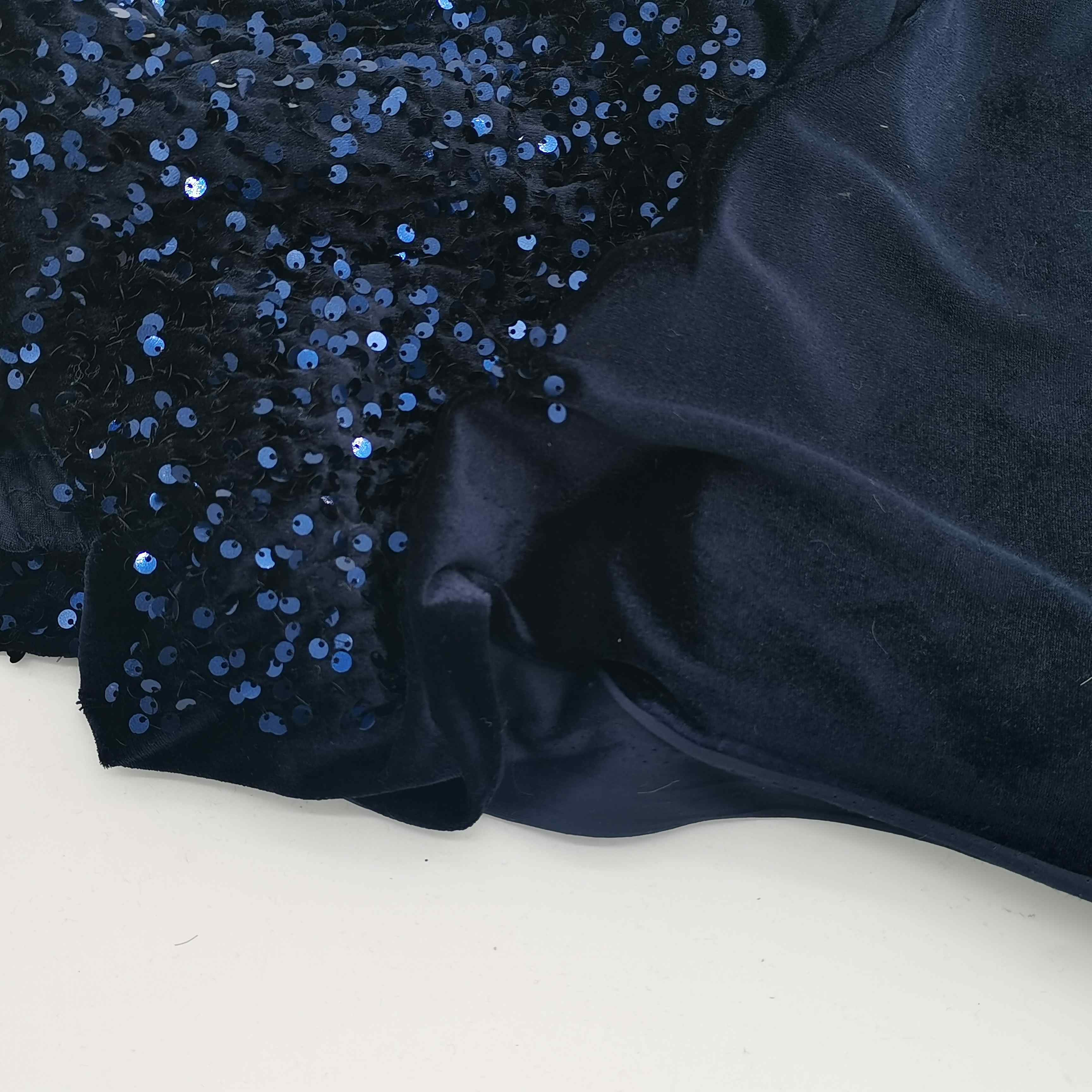 Hot sale navy color shing velvet stretch sequins embroidery fabric for wedding and evening fabric