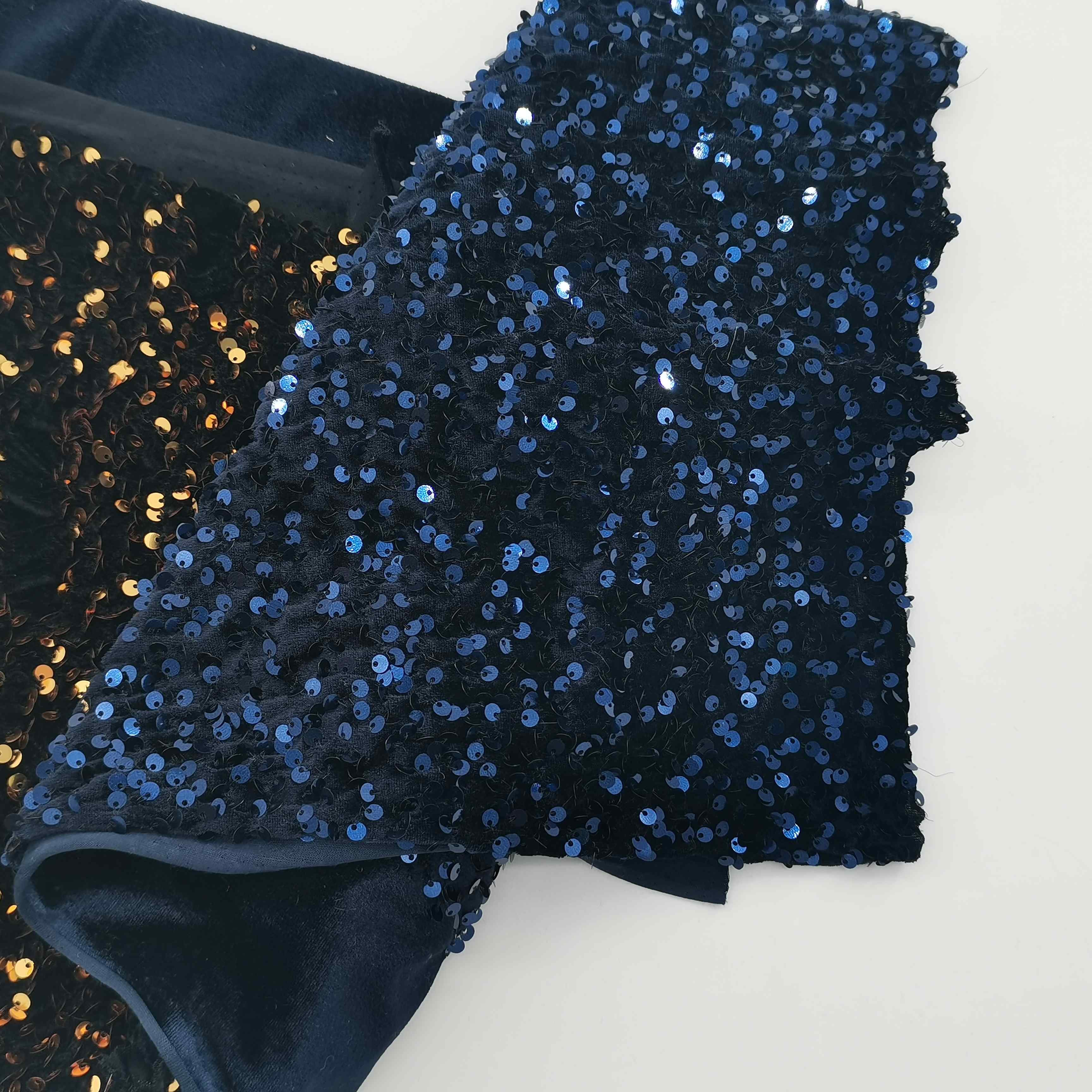 Hot sale navy color shing velvet stretch sequins embroidery fabric for wedding and evening fabric