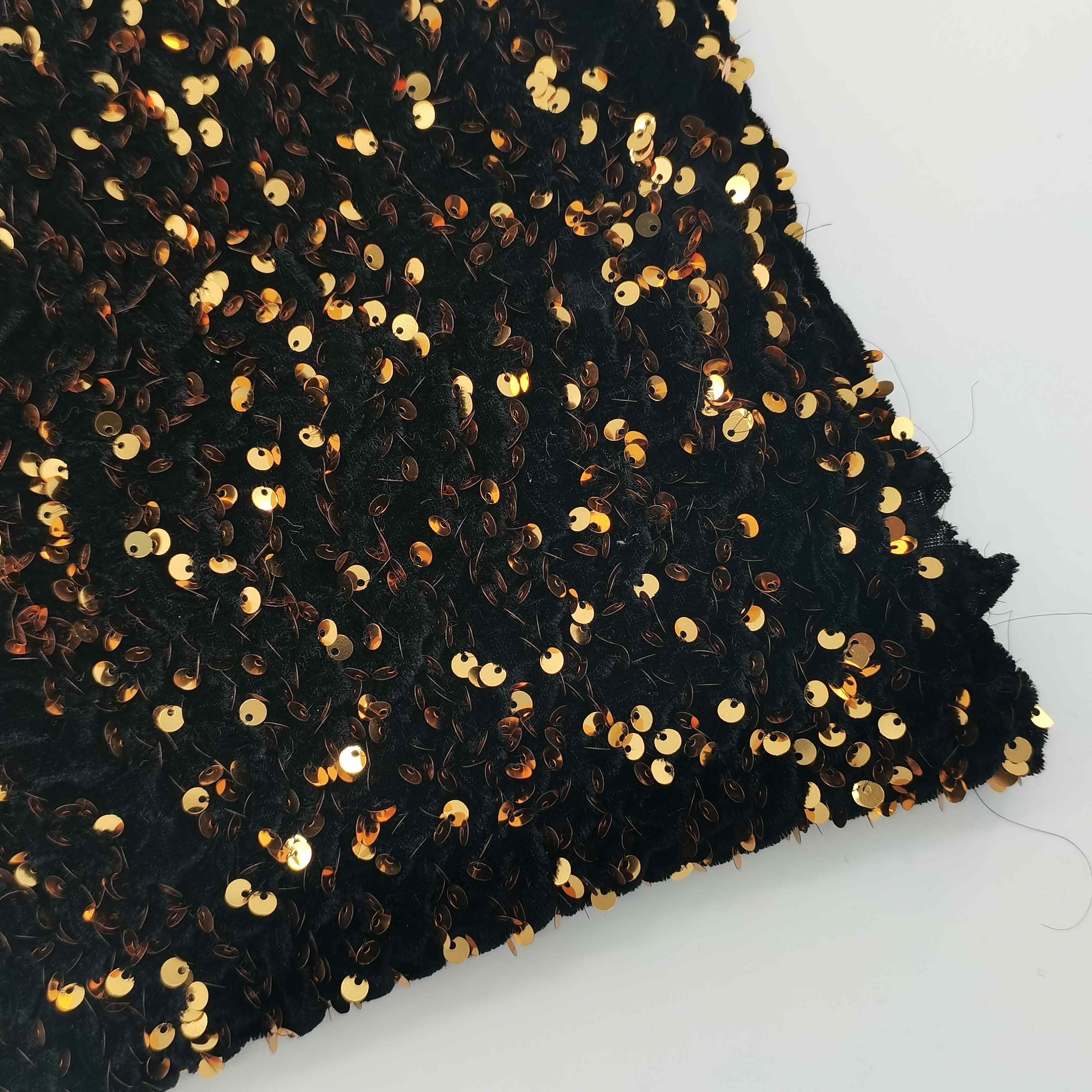 Hot sale navy color shing velvet stretch sequins embroidery fabric for wedding and evening fabric