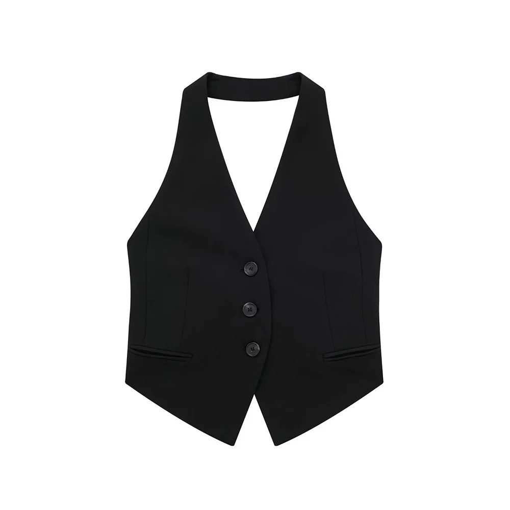Women Fashion Black Backless Lace Up Waistcoats Vintage Halter Neck Sleeveless Jackets Female Chic Lady Tank Tops