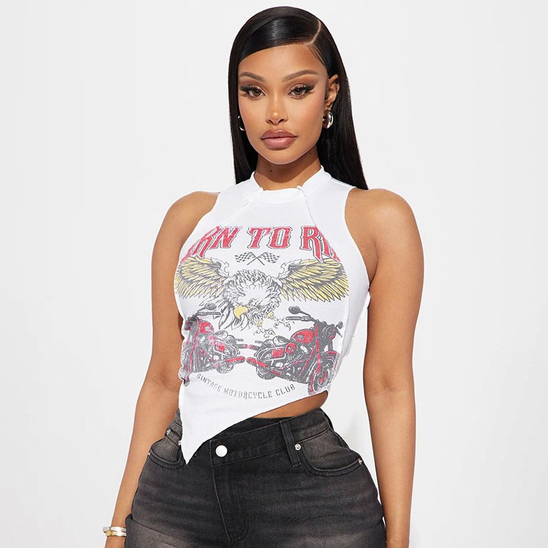 Fashion Asymmetrical Tank Tops Woman Sleeveless Shirt Streetwear Summer Ribbed Graphic Crop Tops
