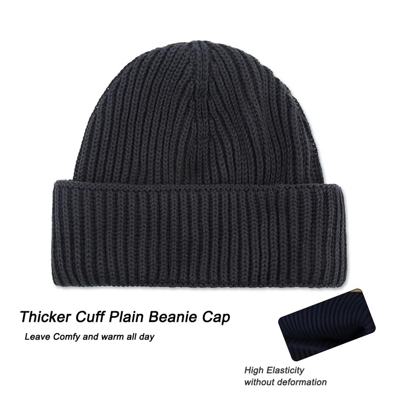 Qianzun golf Custom Logo 100% Acrylic Blank Short Winter Hat Black Ribbed Knit Beanie Hat Fisherman Cuff Plain Beanie Cap