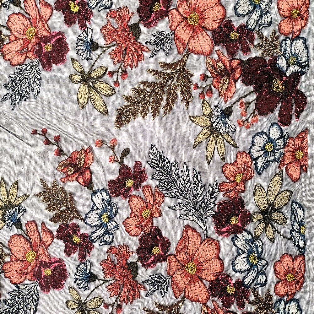Wholesales different multicolor Flower Pattern Fabrics Mesh Polyester Print Embroidered Tulle Yarn Lace Fabrics lace custom