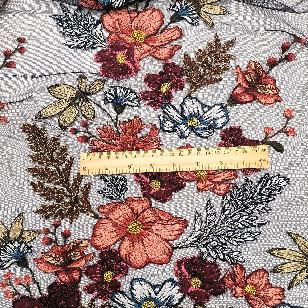 Wholesales different multicolor Flower Pattern Fabrics Mesh Polyester Print Embroidered Tulle Yarn Lace Fabrics lace custom