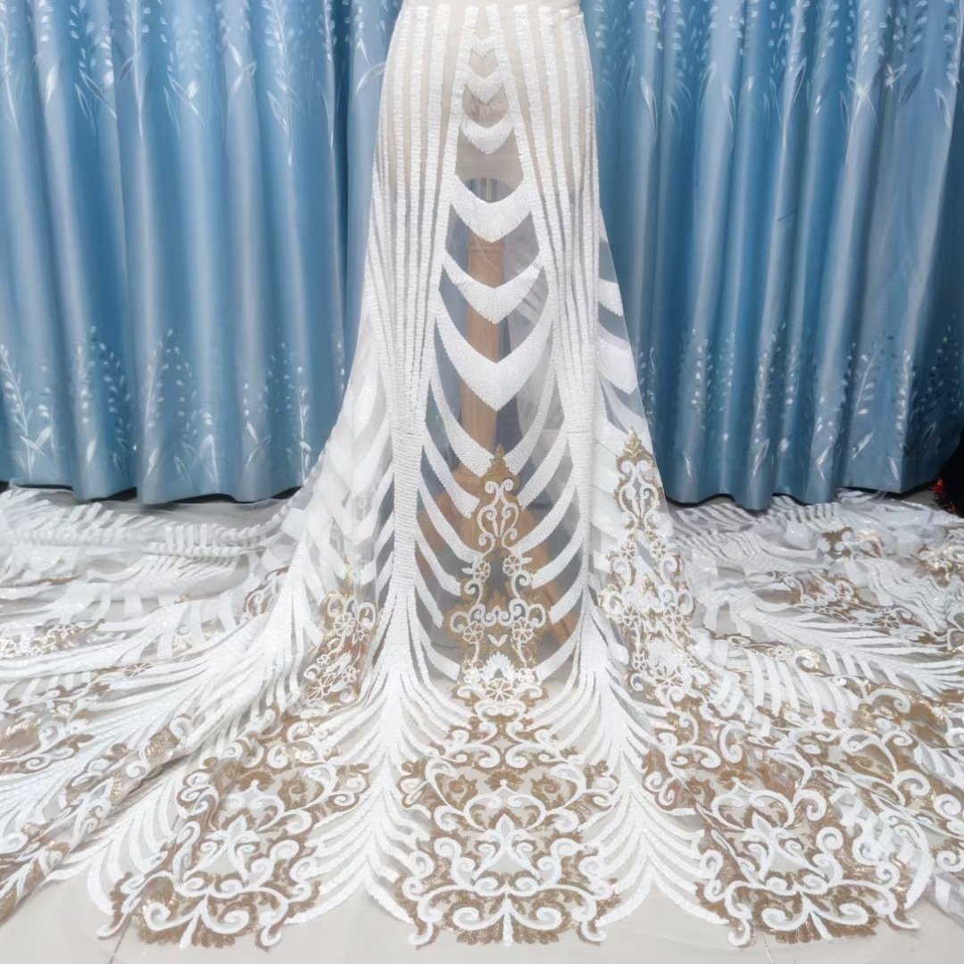 Embroidered Flower Wedding Polyester Organza Tulle Mesh Guipure Bridals Party Lace Fabrics With Sequins