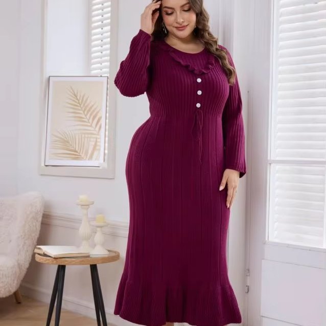 Manufacturer Customized Crew Neck Long Sleeved Maxi Ribbed Knit Dress Casual Style Women Knitwear dress