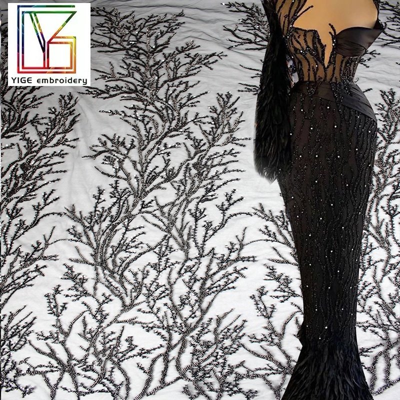 New french Bridal tulle beaded fabrics with Luxury beads and shiny sequins mesh lace for party dress