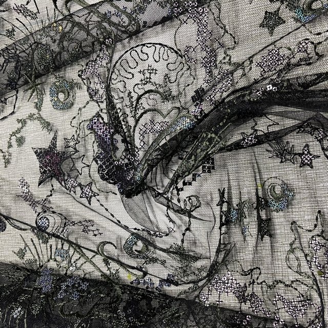 High quality luxury black embroidery 3D floral sequin full pattern tulle lace fabrics for dress