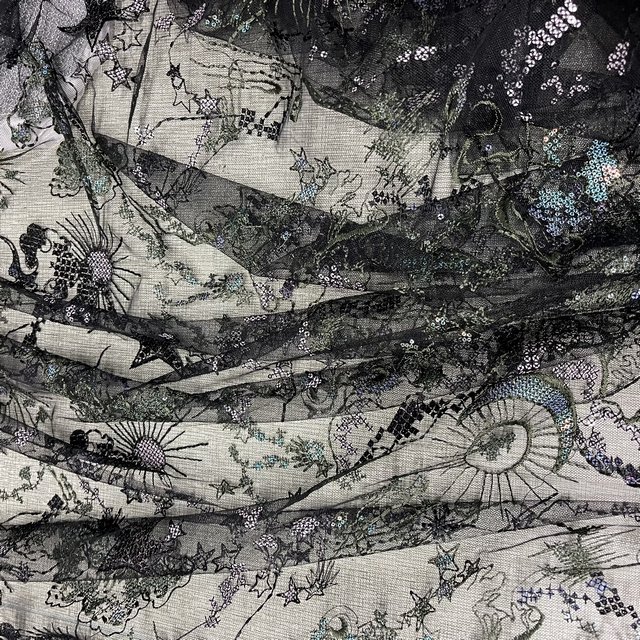 High quality luxury black embroidery 3D floral sequin full pattern tulle lace fabrics for dress
