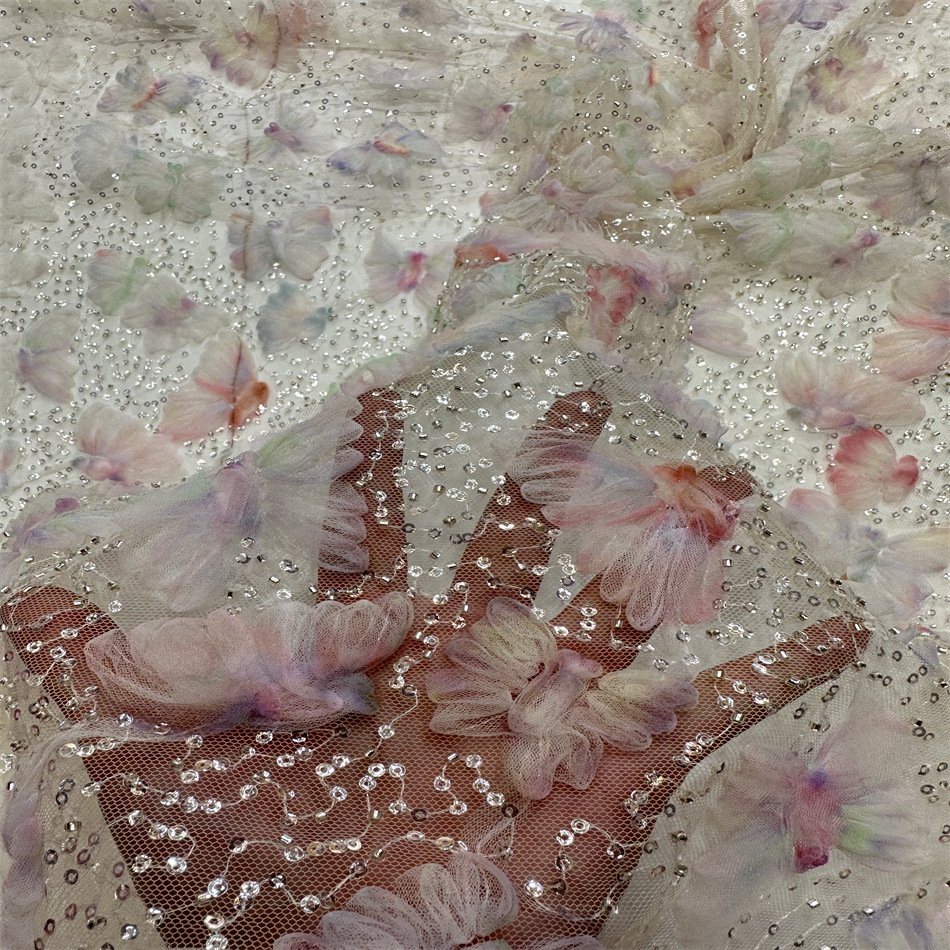 Embroidery Fabric luxury design pink polyester embroidered french nigerica wedding bridal dress cloth