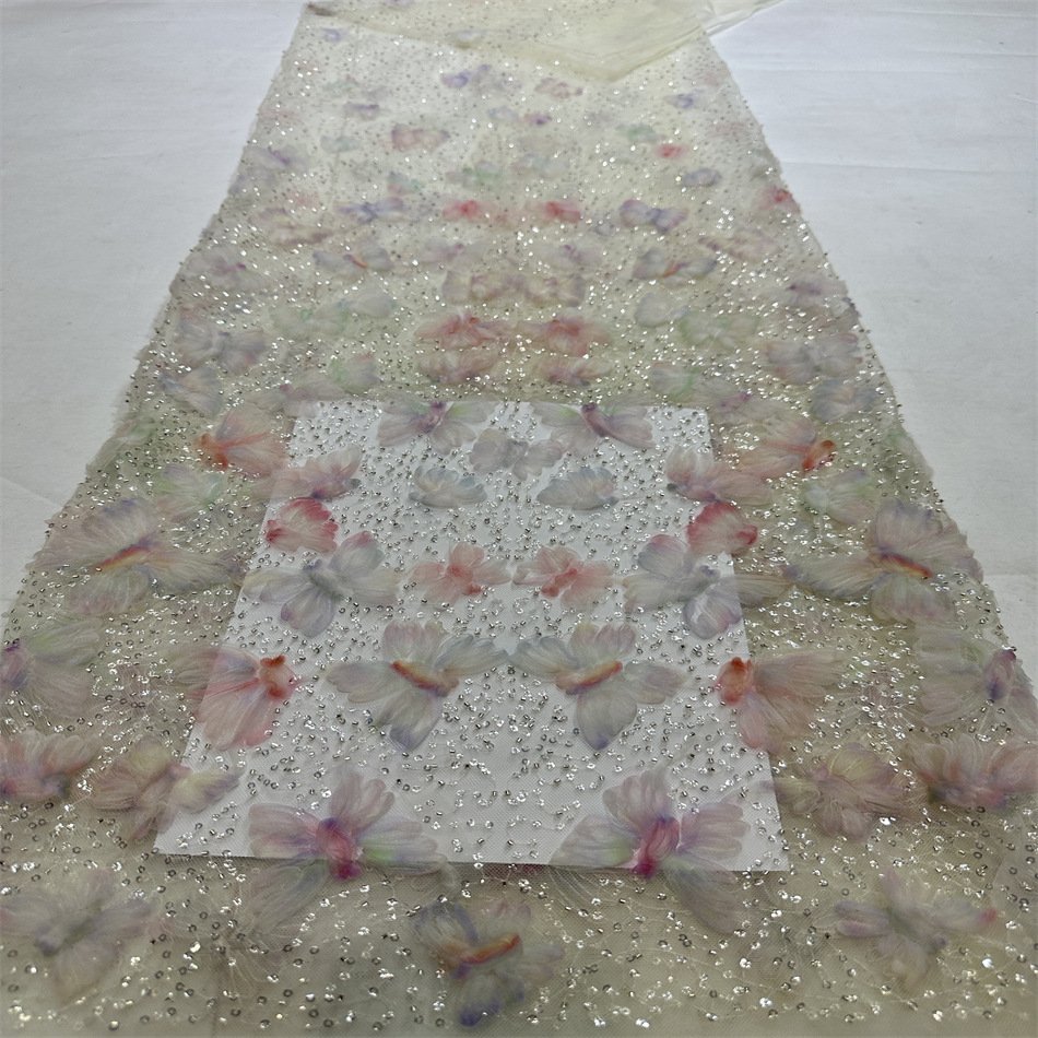 Embroidery Fabric luxury design pink polyester embroidered french nigerica wedding bridal dress cloth
