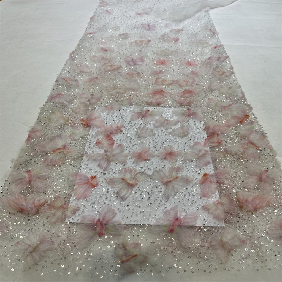 Embroidery Fabric luxury design pink polyester embroidered french nigerica wedding bridal dress cloth