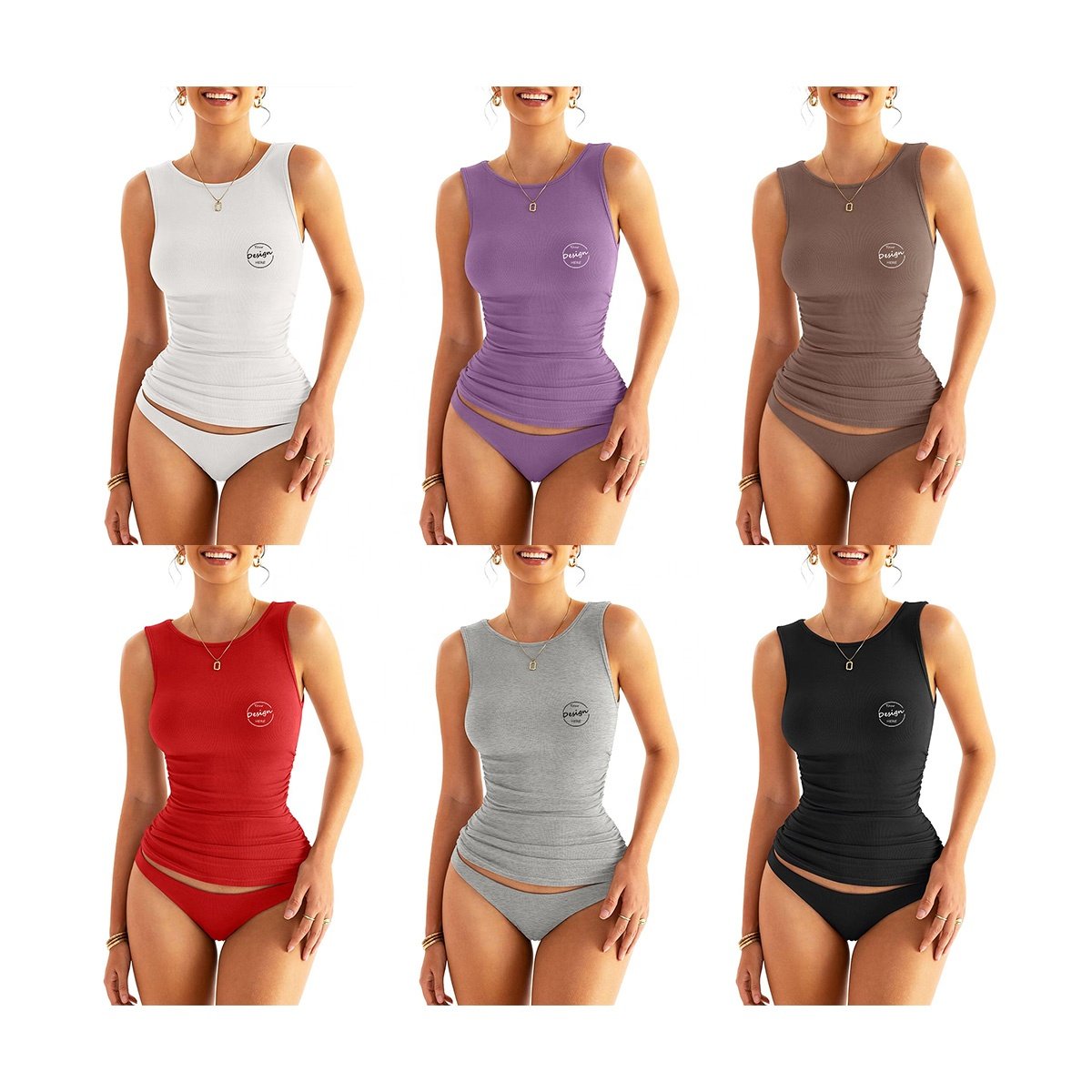 High Quality Custom Women Cotton Spandex High Stretch Round Neck Knitted Vest Waist Pleated White Ribbed Tank Top
