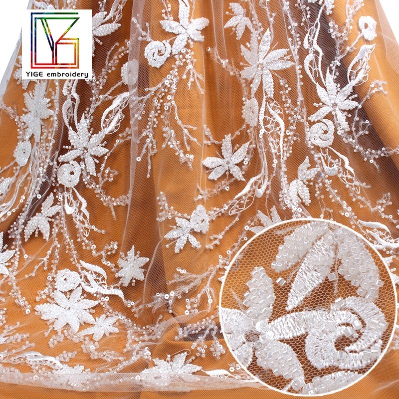 New french white 3d shining beaded with sequins flower fabric lace for wedding bridal dress fabric