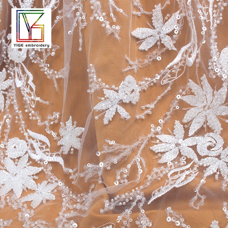New french white 3d shining beaded with sequins flower fabric lace for wedding bridal dress fabric