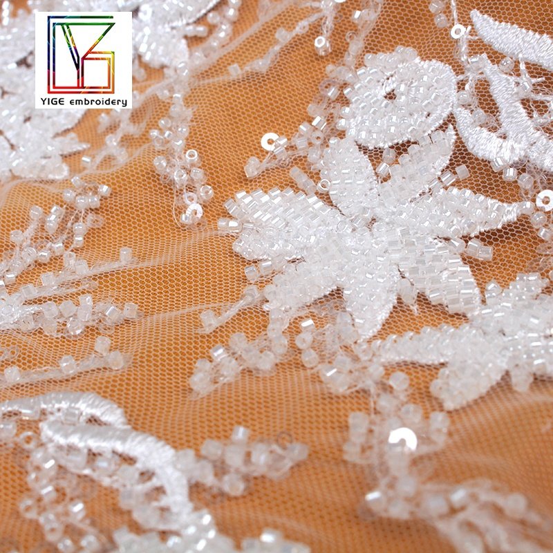 New french white 3d shining beaded with sequins flower fabric lace for wedding bridal dress fabric