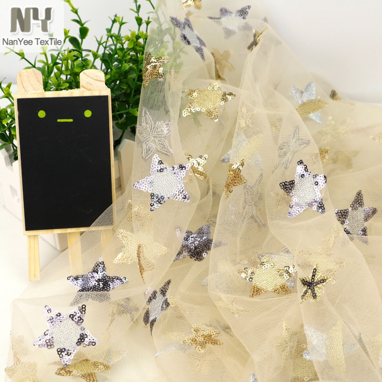 Nanyee Textile Fashion Summer Light Exquisite Gold Lurex Sequined Star Lace Fabric With Tulle Backing
