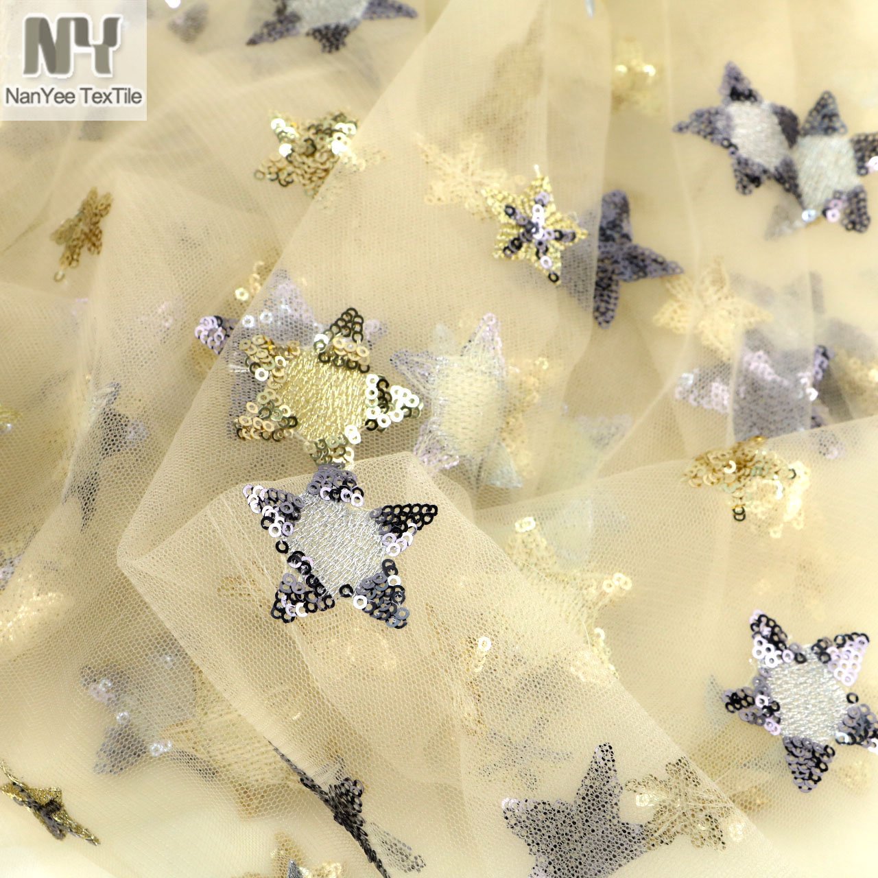 Nanyee Textile Fashion Summer Light Exquisite Gold Lurex Sequined Star Lace Fabric With Tulle Backing
