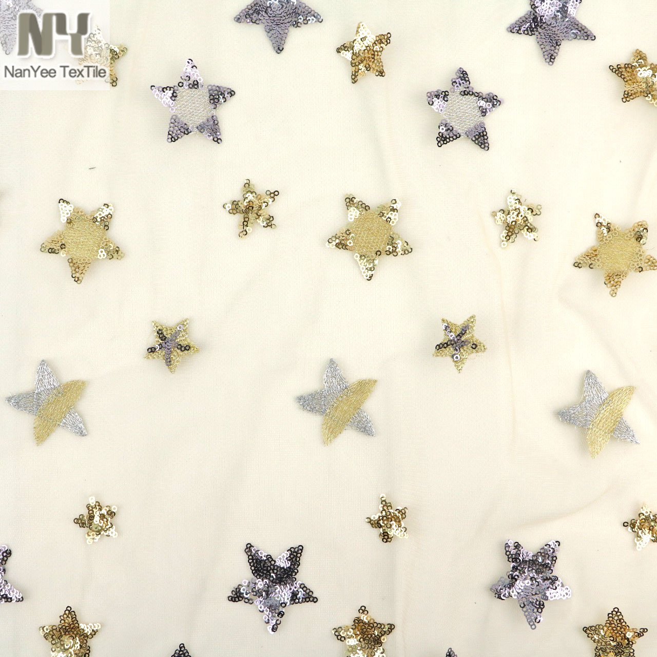 Nanyee Textile Fashion Summer Light Exquisite Gold Lurex Sequined Star Lace Fabric With Tulle Backing