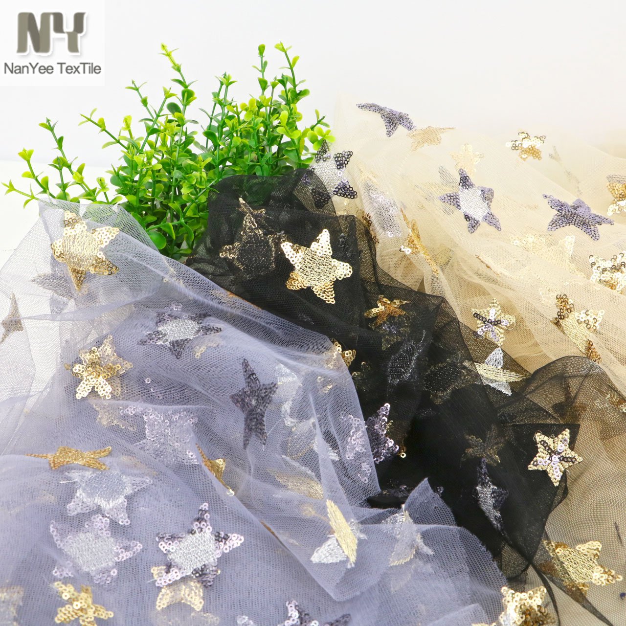 Nanyee Textile Fashion Summer Light Exquisite Gold Lurex Sequined Star Lace Fabric With Tulle Backing