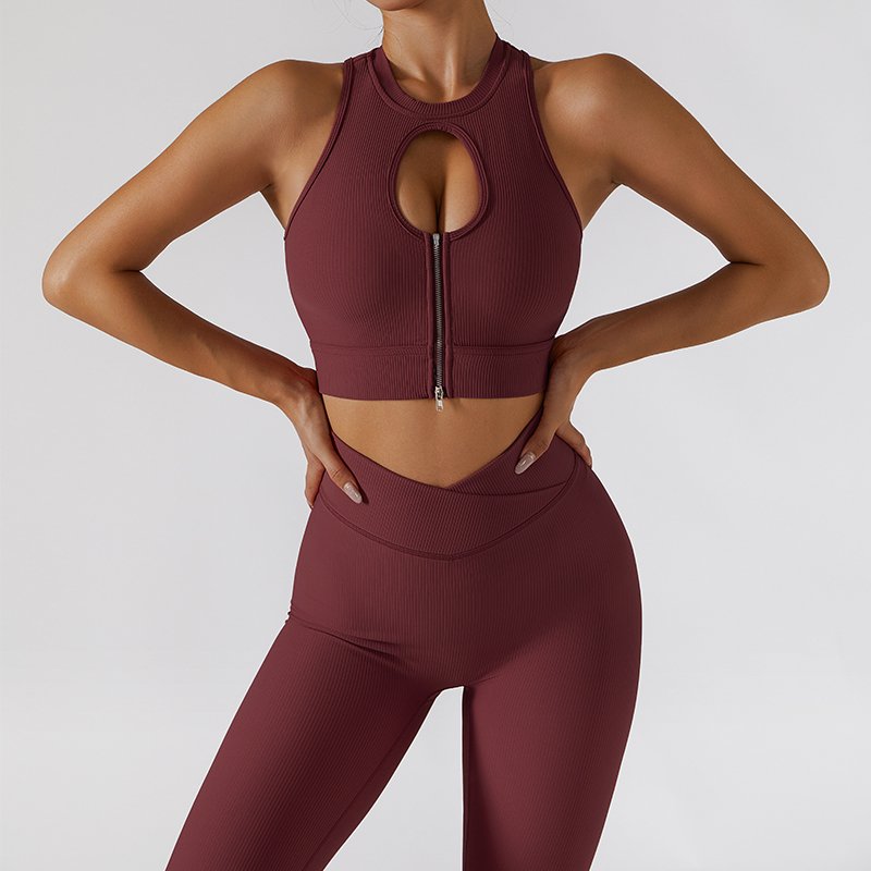 Lcool high quality gym wear set Zipper athletic wear fitness Gym Clothing 3 piece yoga sets ribbed activewear set