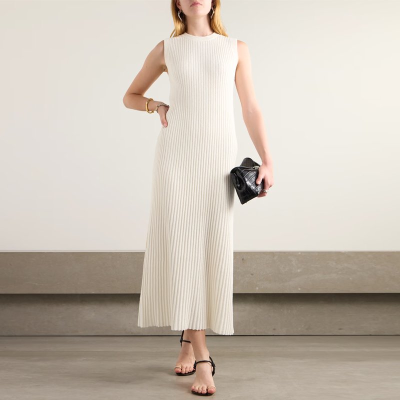 Knitwear manufacturer custom spring summer white crew neck sleeveless women rib knitted wool sweater dress