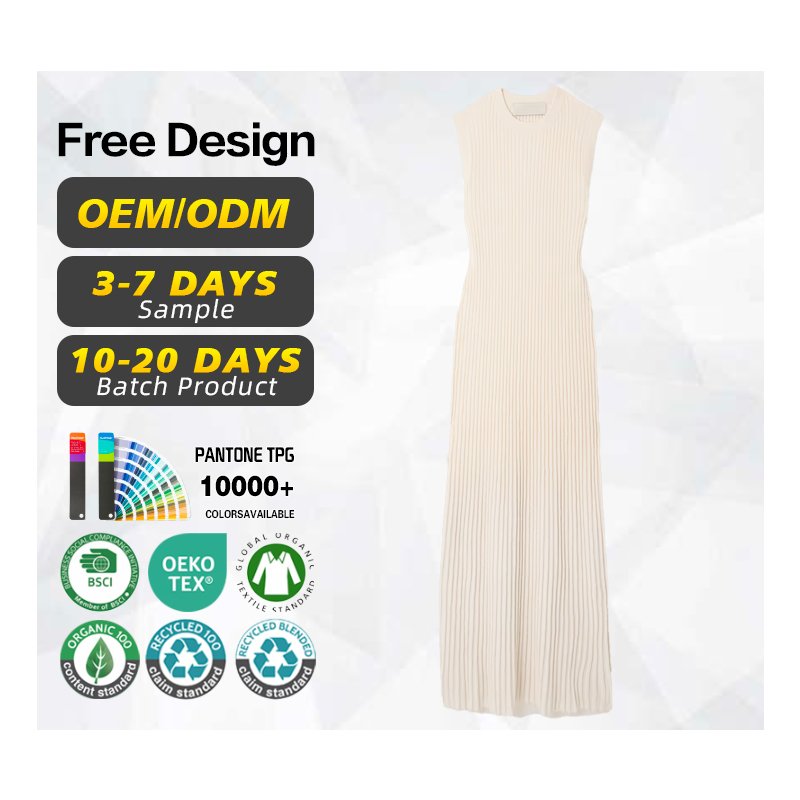 Knitwear manufacturer custom spring summer white crew neck sleeveless women rib knitted wool sweater dress