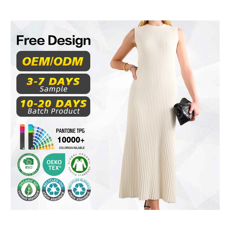 Knitwear manufacturer custom spring summer white crew neck sleeveless women rib knitted wool sweater dress