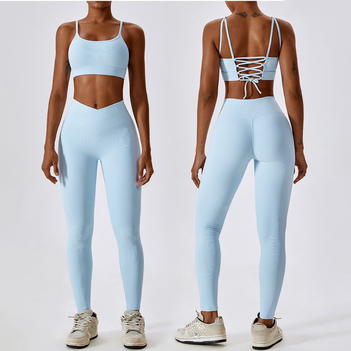 Women High Impact Sports Bra Top V Waisted Gym Leggings Ribbed Fitness Workout Yoga Set For Women