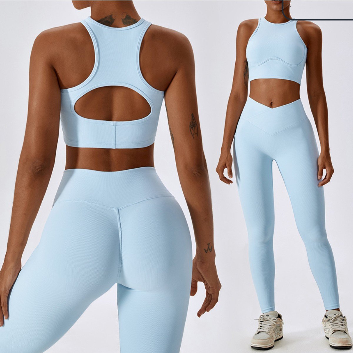 Women High Impact Sports Bra Top V Waisted Gym Leggings Ribbed Fitness Workout Yoga Set For Women