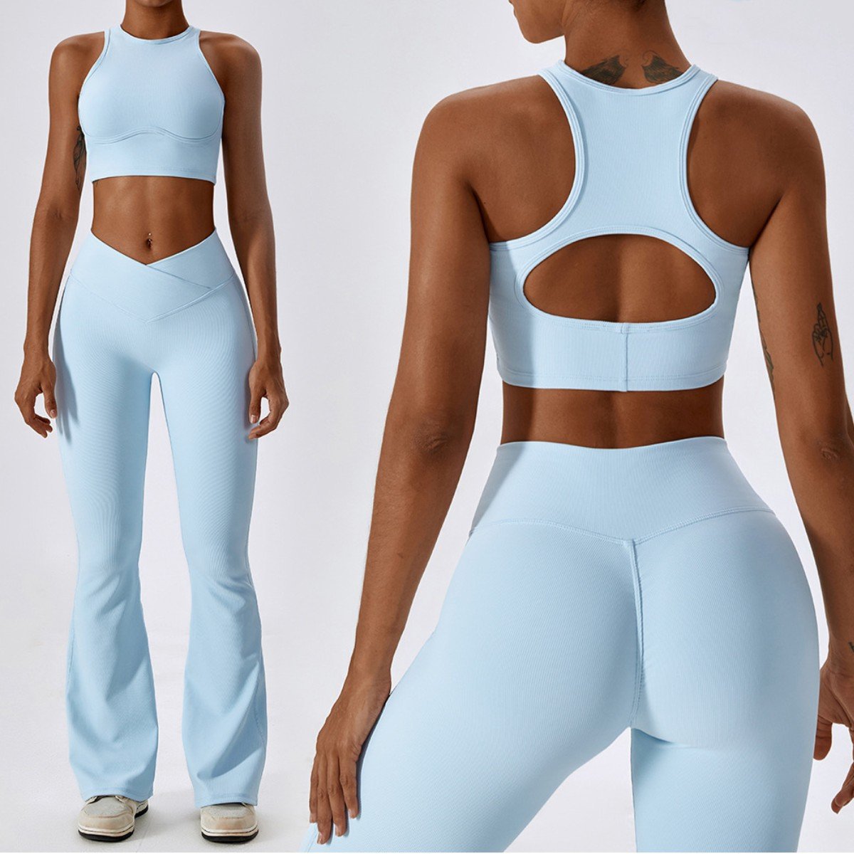 Women High Impact Sports Bra Top V Waisted Gym Leggings Ribbed Fitness Workout Yoga Set For Women
