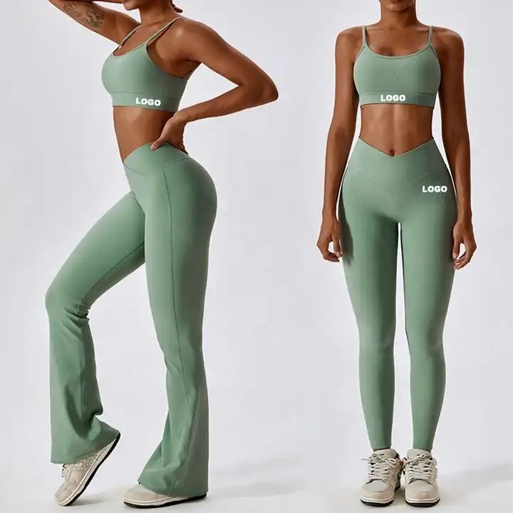 Women High Impact Sports Bra Top V Waisted Gym Leggings Ribbed Fitness Workout Yoga Set For Women