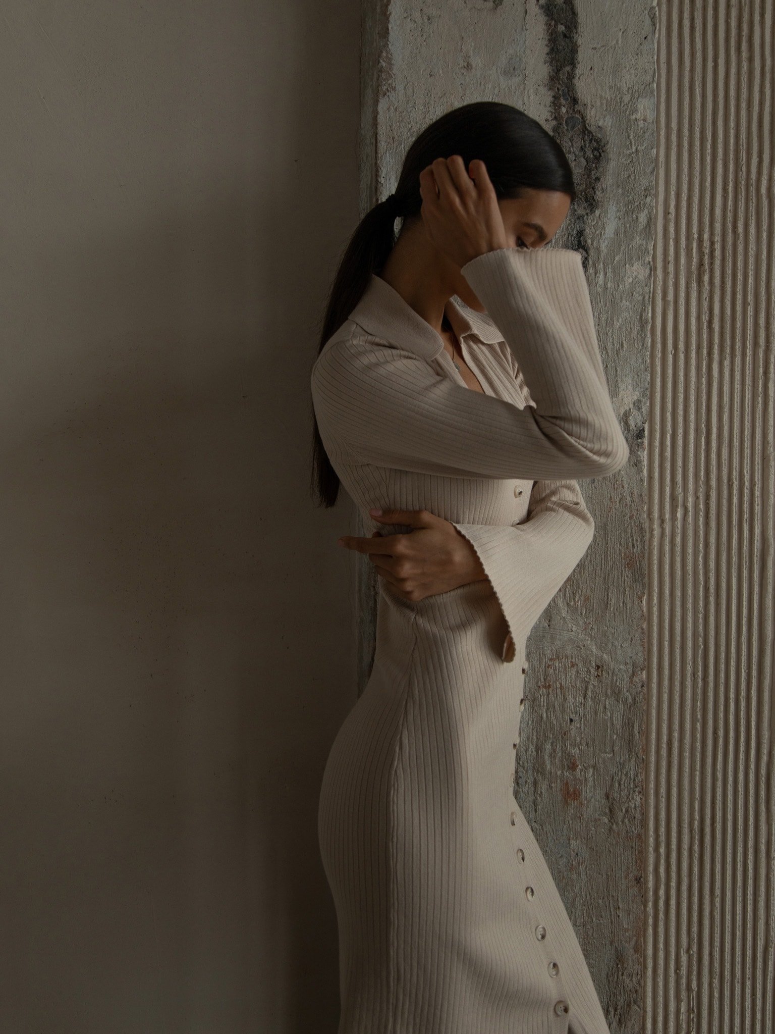 Women Customized Thick Knitted Long Sweater V Neck Rib Knit Slim Sexy Button Front Slit Sweater Dress