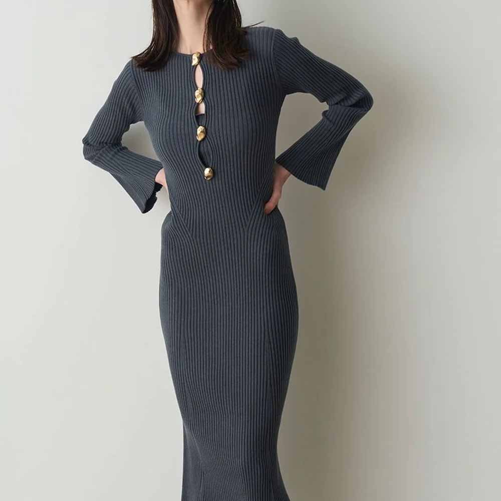 Knitwear Manufacturer Custom Autumn Winter Sweater Dress Bow long Sleeve Design Front Button Knit Dress
