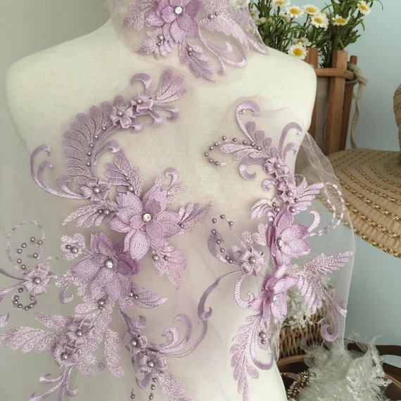 Exquisite Pearl Beaded 3D Lace Applique Set ,Metallic Silver Thread Applique for Dance Costumes Lyrical bridal lace applique
