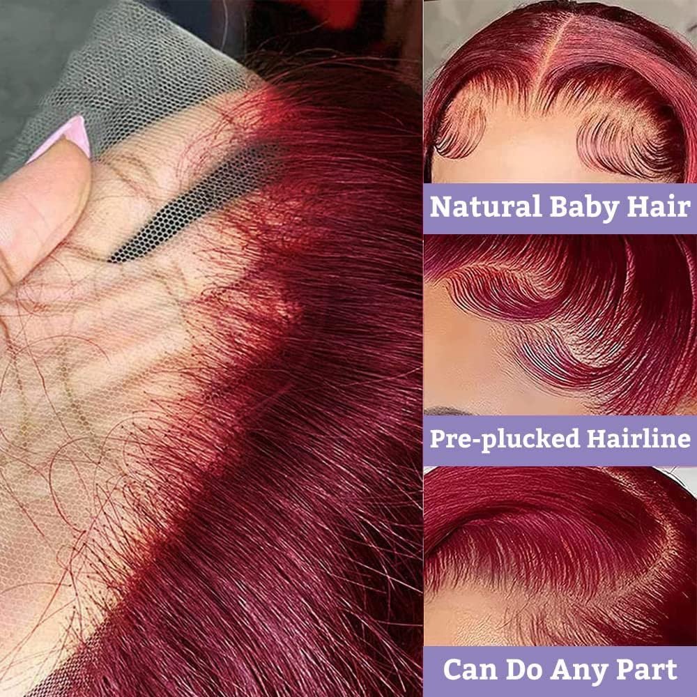 13x6 99J Burgundy Body Wave Lace Front Wigs Human Hair 180% Density HD Transparent Lace Front Wigs Human Hair Pre Plucked