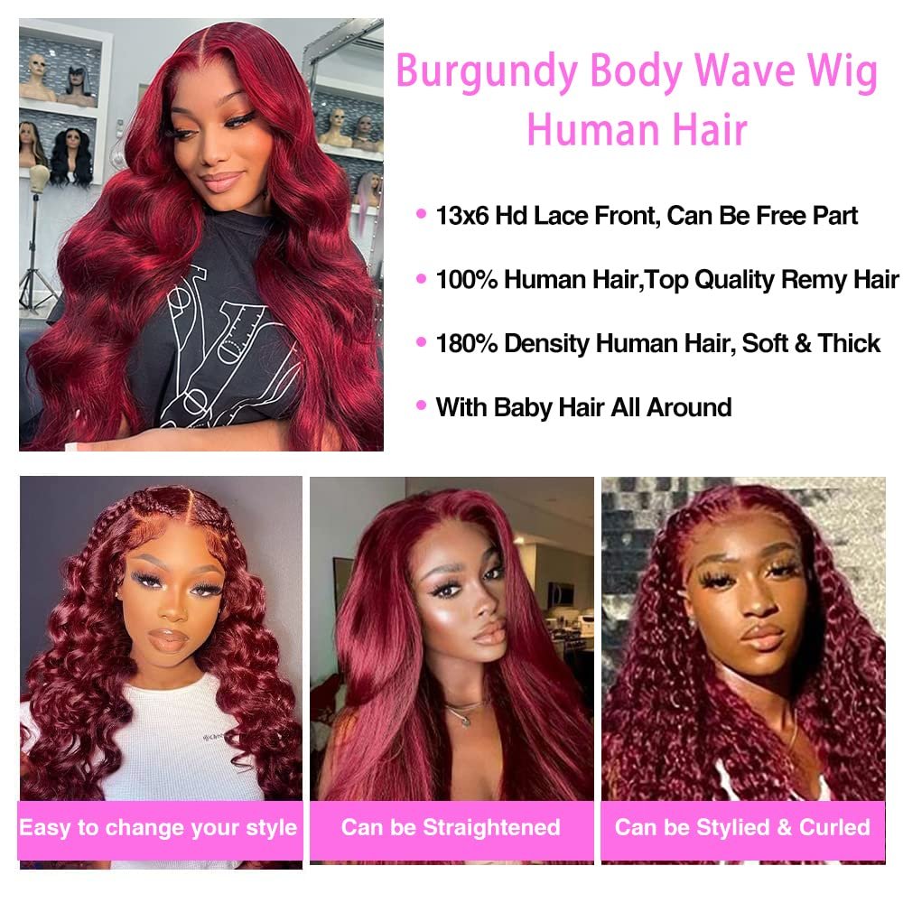 13x6 99J Burgundy Body Wave Lace Front Wigs Human Hair 180% Density HD Transparent Lace Front Wigs Human Hair Pre Plucked
