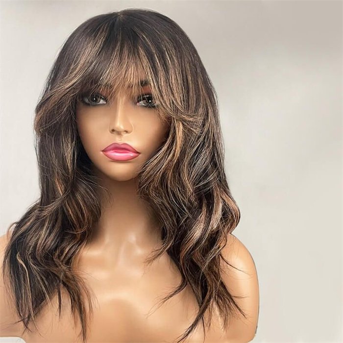 wholesale BLONDE HIGHLIGHT CURTAIN BANGS WAVY 13X4 LACE FRONT WIG